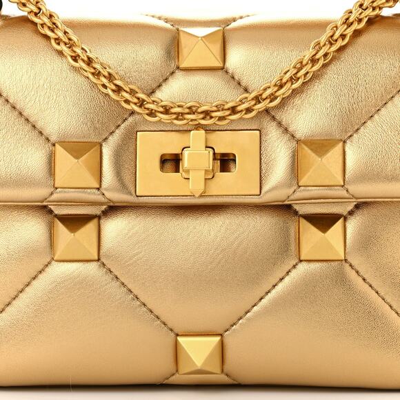 Valentino Garavani Gold Metallic Nappa Medium Roman Stud Rockstud Bag NEW - Picture 3 of 8